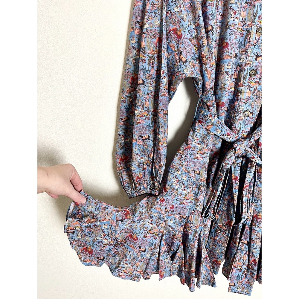 RHODE Emma Dress Midnight Garden Blue Tie Waist Flutter Hem Toile Print M - Picture 6 of 15
